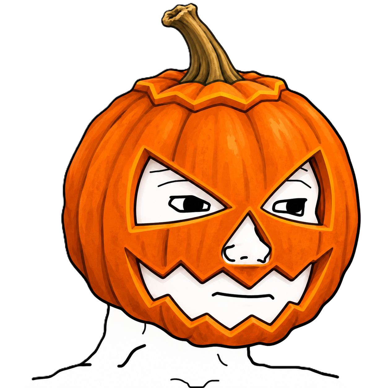 Pumpkin Wojak wearing a carved pumpkin helmet with his face visible through the openings